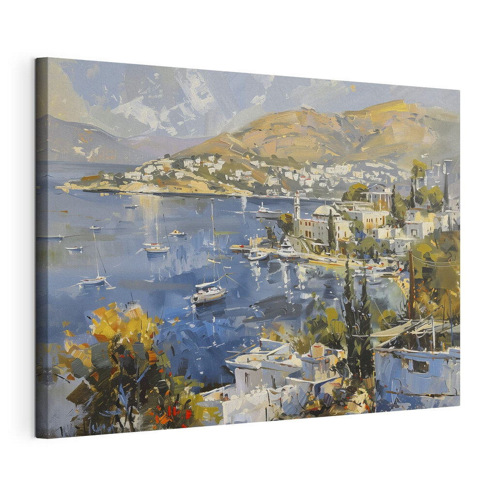Λιμάνι σε γκριζογάλανες πινελιές, τεντωμένος καμβάς με συνεχή άκρη