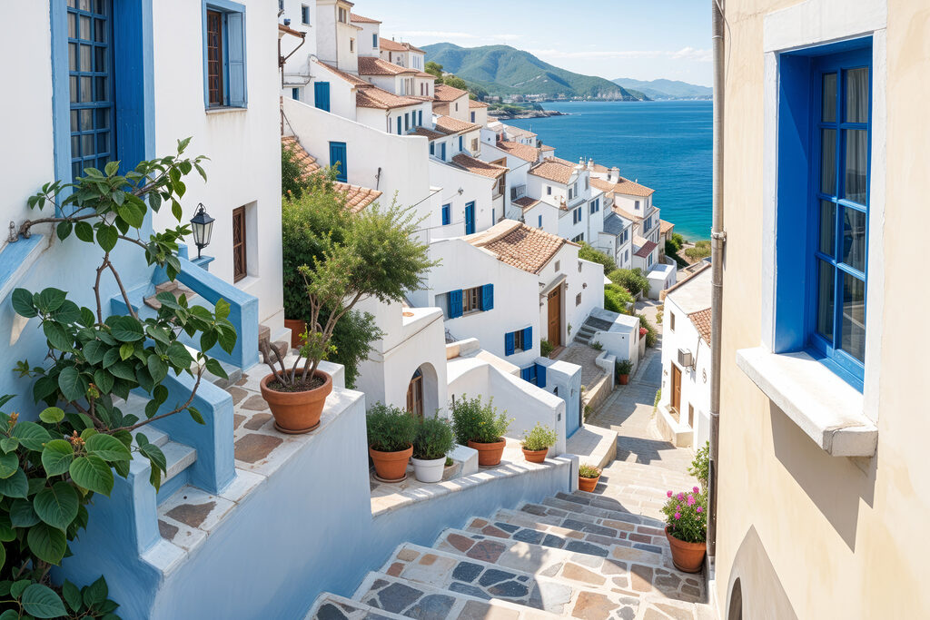 Άσπρες σκάλες, μπλε πόρτες — πλήρες σχέδιο
