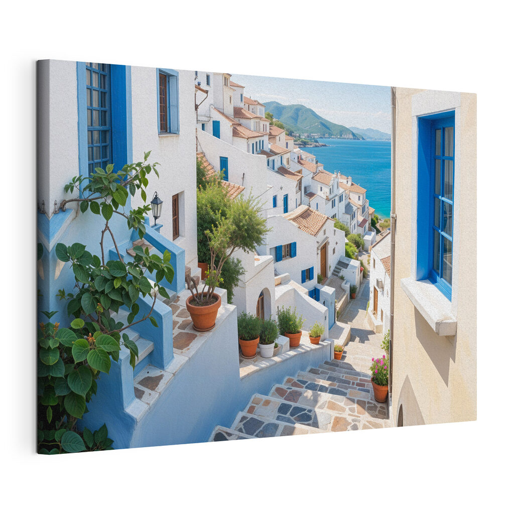 Άσπρες σκάλες, μπλε πόρτες, τεντωμένος καμβάς με συνεχή άκρη