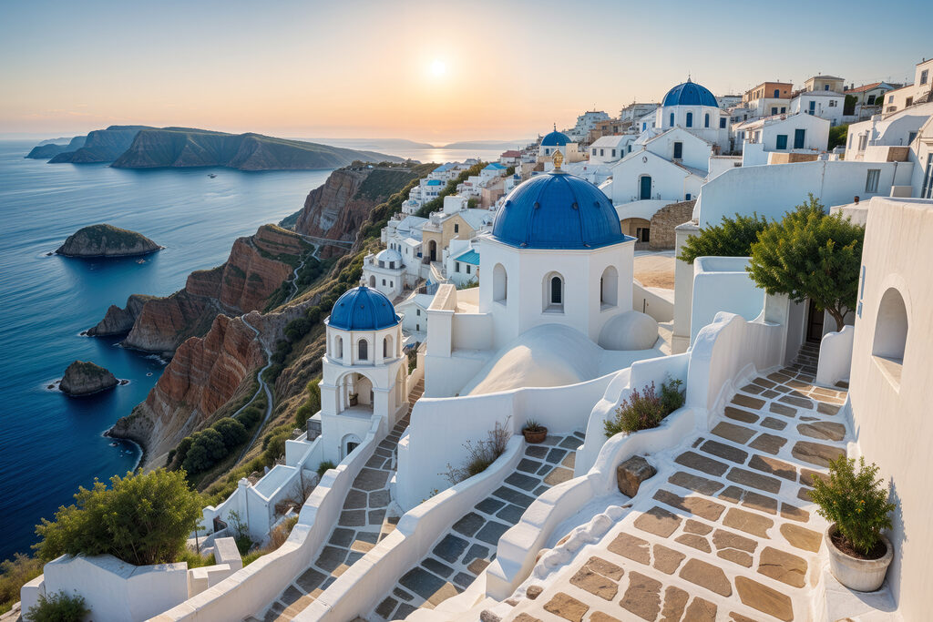 Μπλε θόλοι, βραδινή θάλασσα — πλήρες σχέδιο