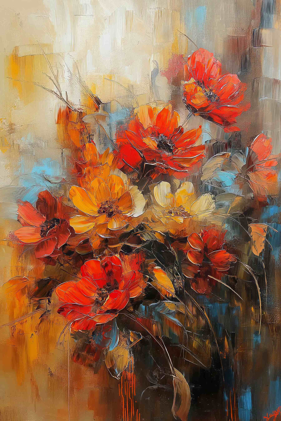 Φθινοπωρινά λουλούδια σε ώχρα — πλήρες σχέδιο