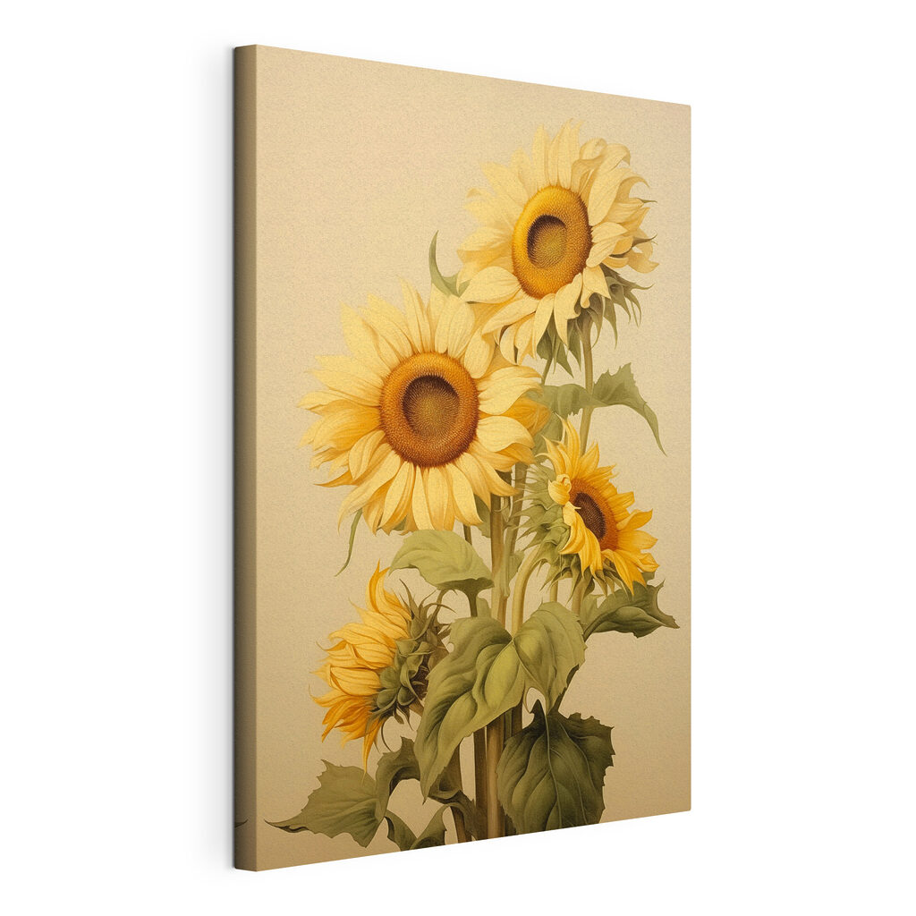 Ηλιοτρόπια σε ζεστό μπεζ, τεντωμένος καμβάς με συνεχή άκρη