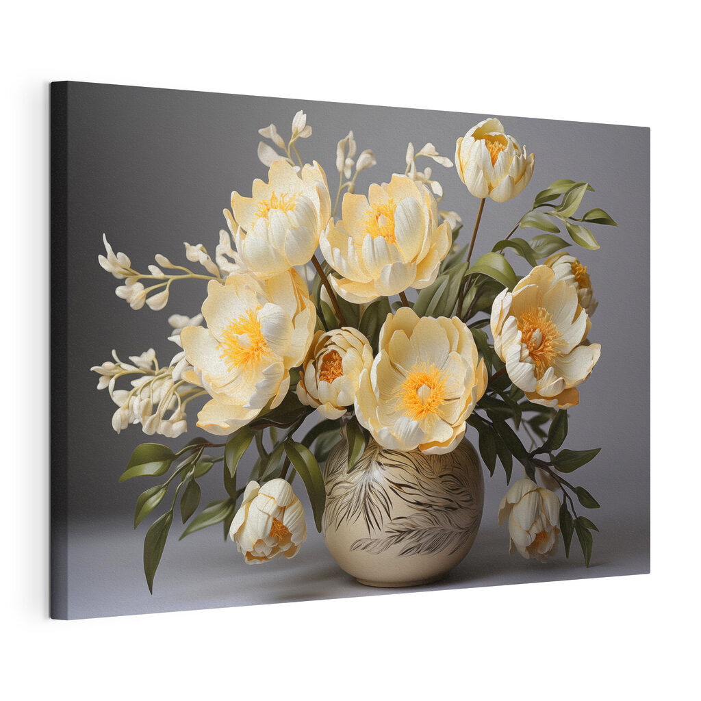Κίτρινες παιώνιες σε βάζο, τεντωμένος καμβάς με συνεχή άκρη