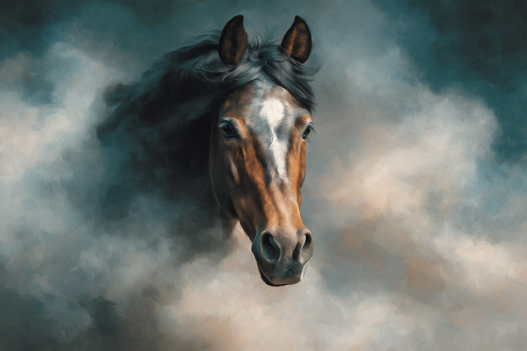 Άλογο μέσα σε ομίχλη — πλήρες σχέδιο