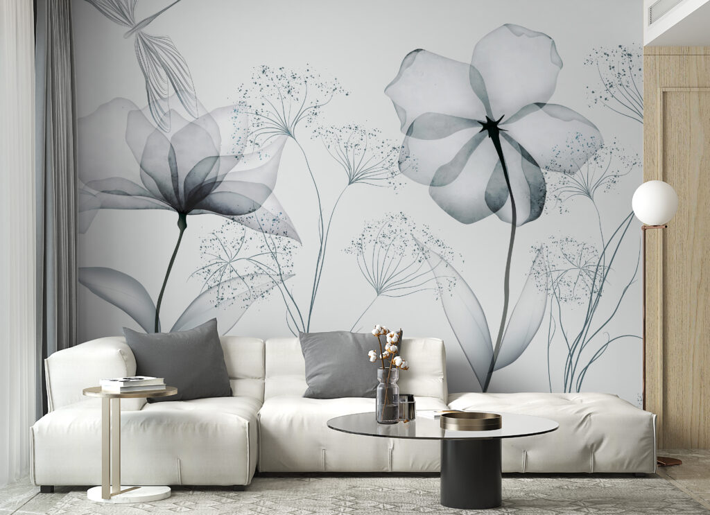 Διάφανα λουλούδια σε γκριζογάλανο σε εσωτερικό χώρο