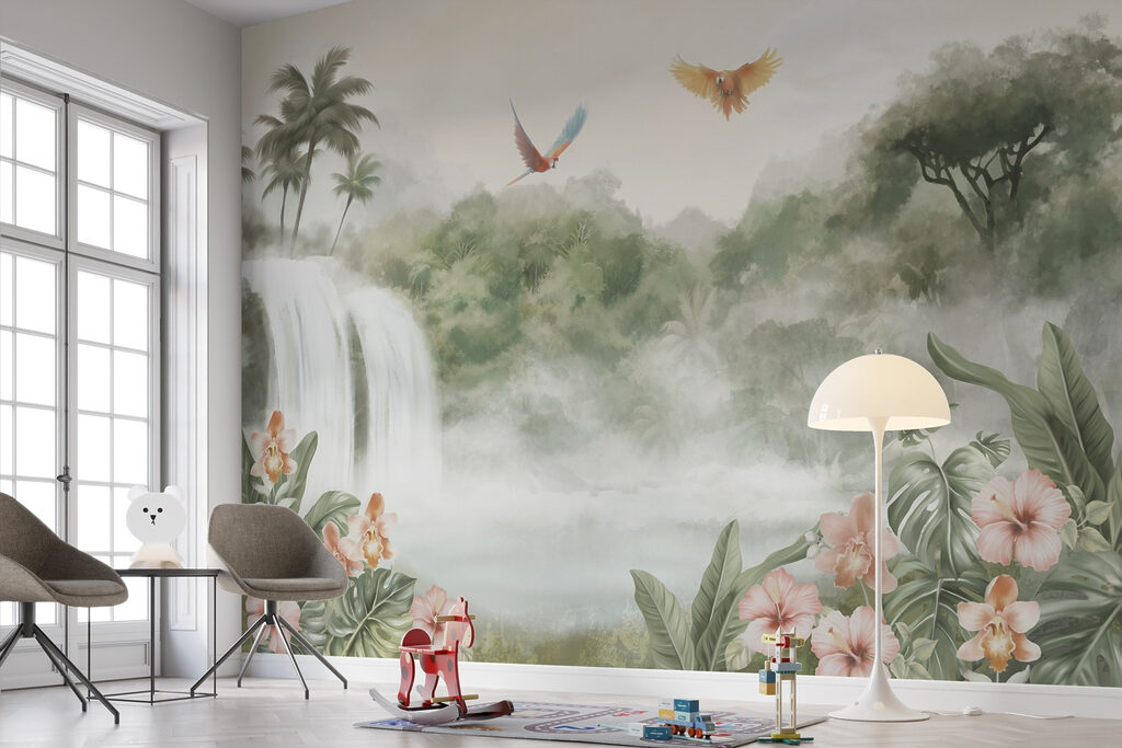 Καταρράκτης και τροπικά πουλιά σε εσωτερικό χώρο