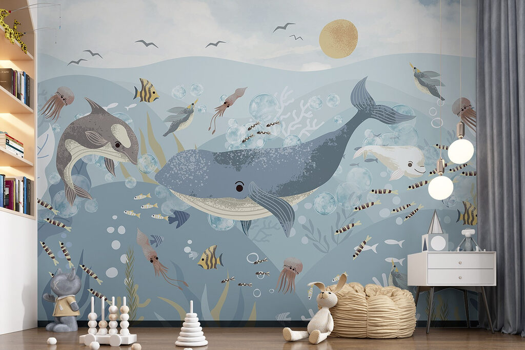 Φάλαινα ανάμεσα σε ψάρια σε εσωτερικό χώρο